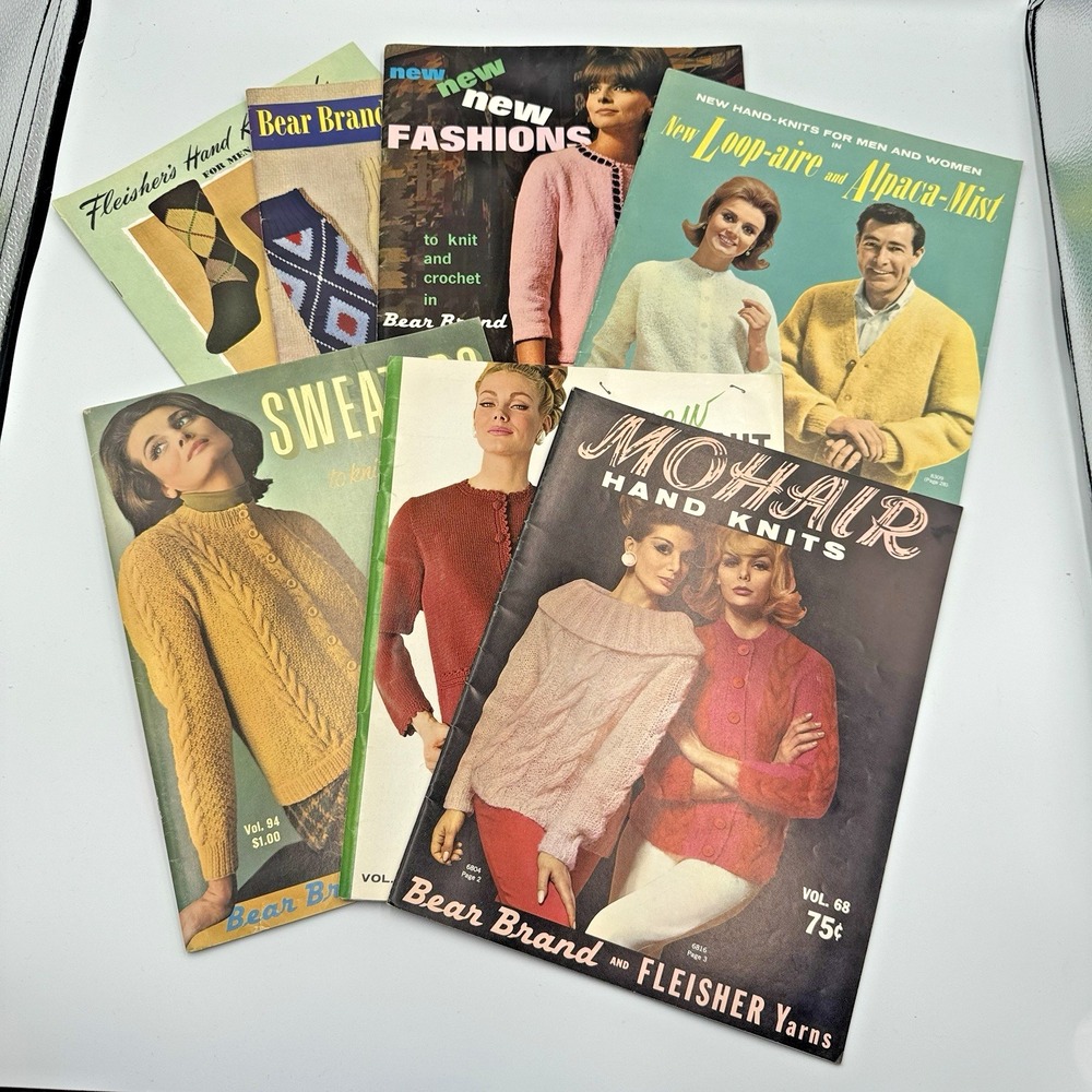 Vintage 1960s Knitting Pattern Book Lot 7 Bear Brand Fleisher Sweaters Socks